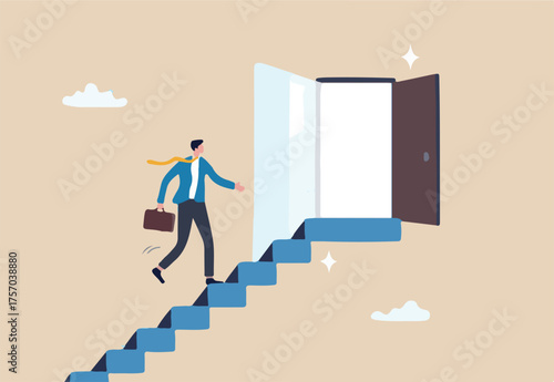 Career opportunity, doorway to success, solution or hope for aspiration, entering opening door for new career chance, possibility concept, businessman walk staircase to find opening opportunity door