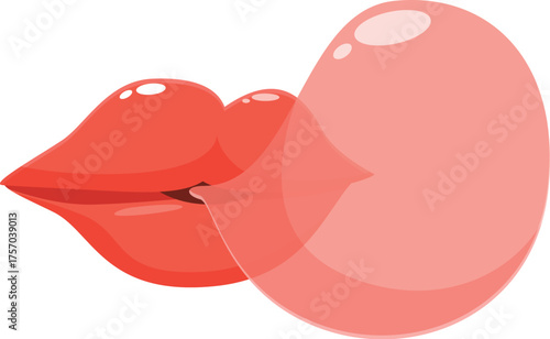 Red lips blowing pink bubble gum, chewing gum bubble, white background