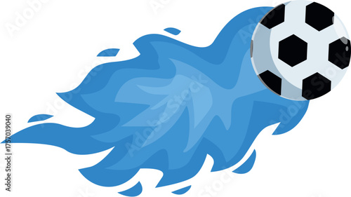 Soccer ball flying with blue fire trail, representing speed, power and energy in sports