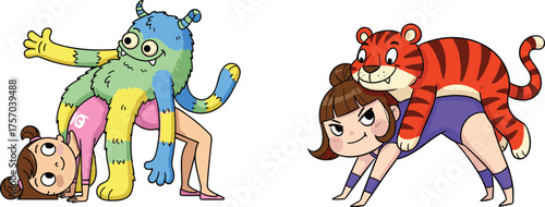 Flat vector cartoon girls doing acrobatic bridge pose with colorful monster and tiger on back, playful children animal interaction scene