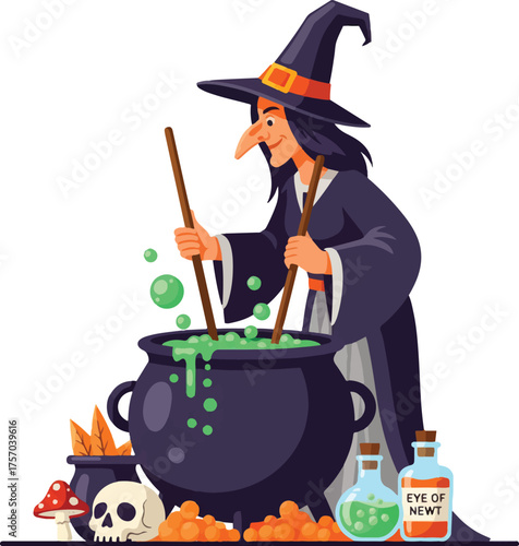 A classic cartoon witch with a pointed hat and long nose, stirring a bubbling green potion in a cauldron, surrounded by magic ingredients.