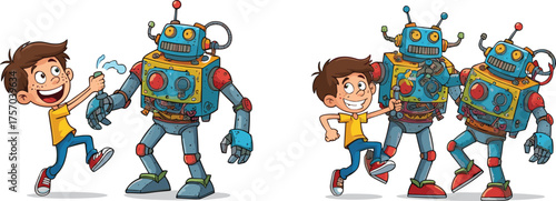 Cartoon boy interacting with colorful robots, playful technology scene, futuristic friendship, gears, bolts, antennas, joyful moment, kids imagination, flat vector