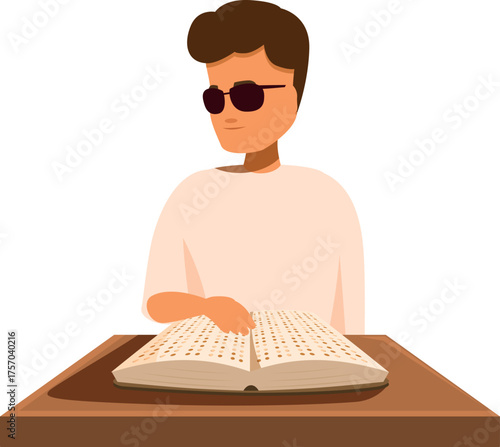 Visually impaired person reading a braille book at a desk