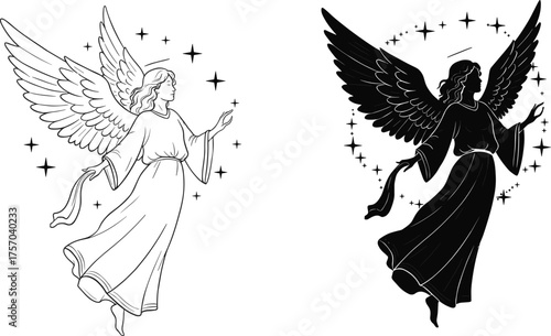 Flat vector illustration of two artistic angels with wings, stars, robes, silhouette and outline style, spiritual celestial fantasy design