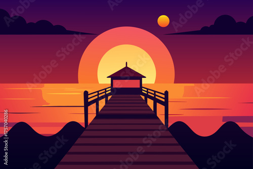 Serene sunset over the ocean with a wooden pier and gazebo