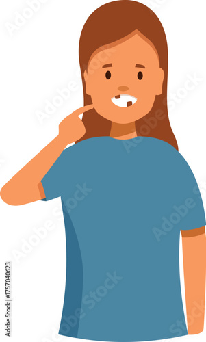 Girl pointing her missing milk tooth, children dental health and tooth loss concept