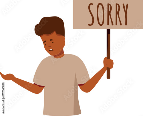 Young boy showing a sorry sign and asking for forgiveness with a sad face