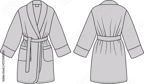 Bathrobe technical fashion illustration, front and back views, shawl collar, patch pockets, belted waist, cad drawing flat vector illustration