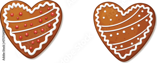 Flat vector illustration of heart shaped gingerbread cookies with icing, candy decoration, festive holiday dessert, sweet treat design elements