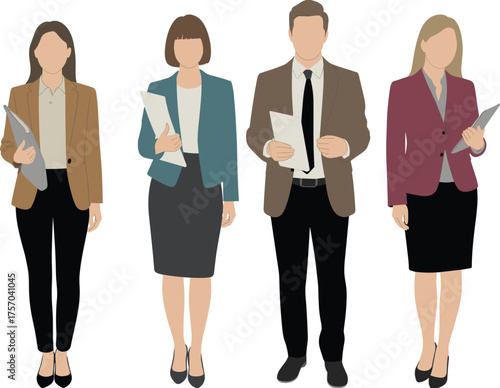 Business professionals standing, corporate attire illustration, office team concept, formal clothing, workplace diversity, professional group, document holders, career people, business characters