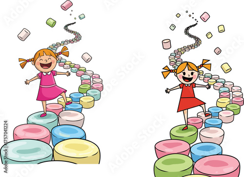 Flat vector cartoon girls walking and dancing on colorful marshmallow path, joyful expression, playful motion, vibrant pastel background illustration