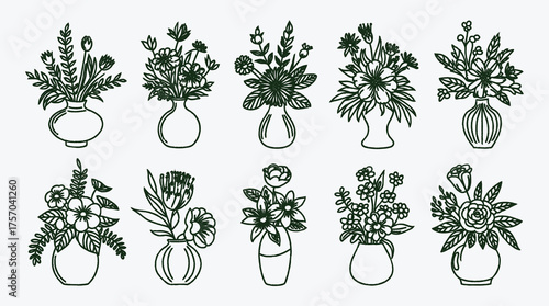 Hand drawn flower bouquets in vases illustration decorative elements