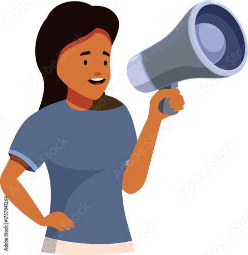 Woman speaking through megaphone at protest or demonstration for equal rights and social justice