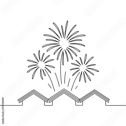 Minimalist One Line Art Fireworks Exploding Over Abstract House Rooftops, Celebration and Community Concept