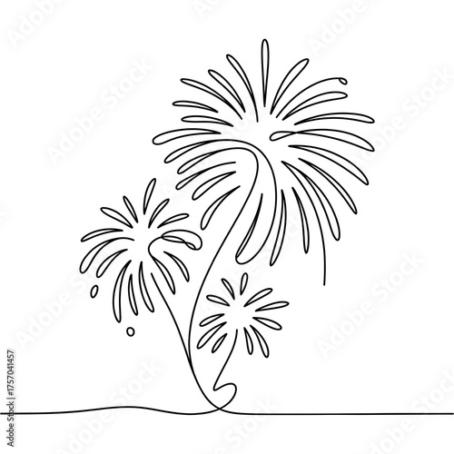 Continuous Line Art Drawing of Festive Fireworks Explosion. Minimalist New Year, Diwali, or Celebration Design Element.