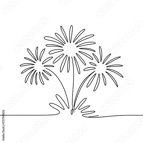 Abstract Continuous Line Art of Three Fireworks Bursts. Minimalist Festive Celebration Graphic.