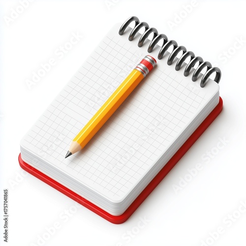 3D isometric notepad with pencil icon in red and yellow color palette on white background