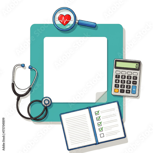 Medical Healthcare Concept Magnifying Glass, Heart, Stethoscope, Notepad, Calculator, and Checklist