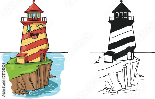 Flat vector cartoon lighthouse on cliff by sea, colorful striped version and black-and-white sketch, whimsical coastal scene with waves