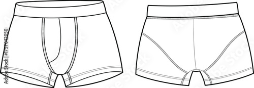 Men’s boxer briefs technical fashion illustration, front and back views, contoured pouch, seam detail, cad drawing flat vector illustration