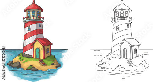 Flat vector cartoon lighthouse on island with red stripes and house, surrounded by water, colored and black-and-white sketch comparison scene