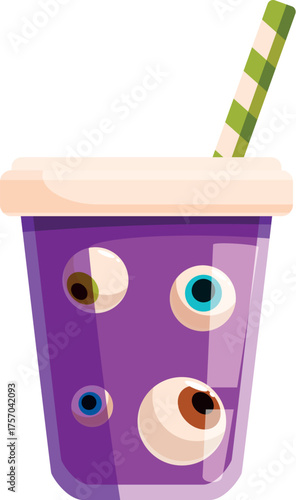 Purple halloween beverage with scary eyeballs and a green striped straw, perfect for spooky celebrations