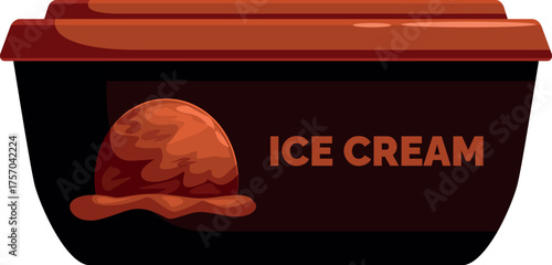 Single scoop of chocolate ice cream melting on the side of a plastic tub of ice cream