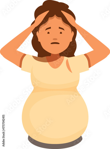 Pregnant woman holding her head suffering from headache, migraine or depression