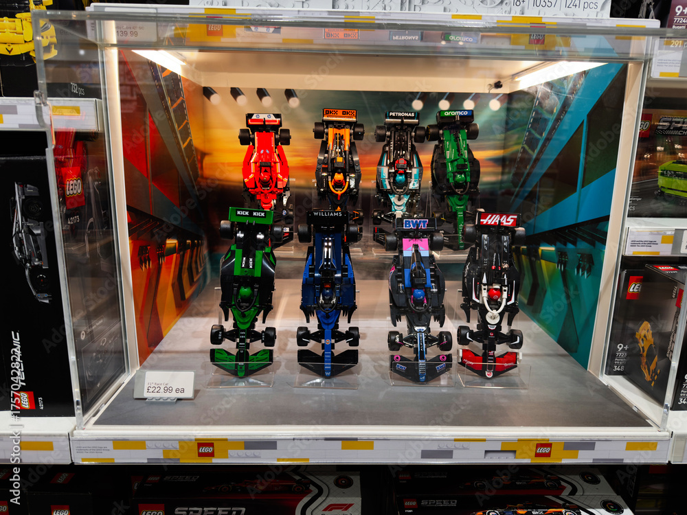 Naklejka premium Colorful Lego Formula One race car display in a store exhibit for collectors and kids