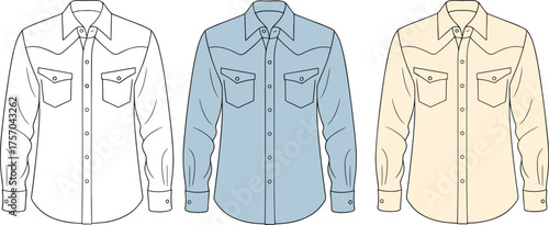 Western-style button-up shirt fashion illustration, front and back views, yoke detail, chest pockets, color variations, cad drawing flat vector illustration