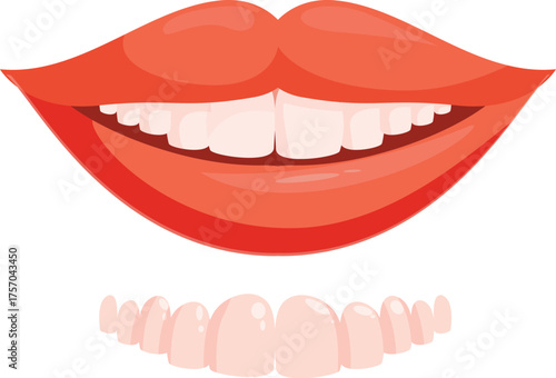 Red lips showing white teeth with gums exposed below for dental care concept