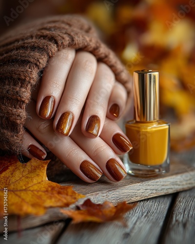 Nail polish in a hand.Autumn nail art with fall colored polish and leaves on wooden table hyper realistic.