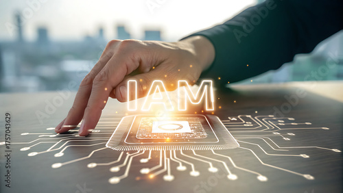 Identity and access management concept, business man touching virtual iam icon on computer chip over cityscape background, security technology