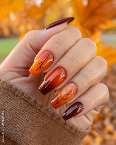 Woman hands with orange manicure. High-definition autumn manicure featuring a woman’s hand with orange and brown nails, surrounded by crisp autumn leaves.