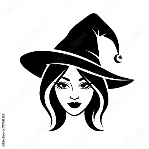 Beautiful Witch Face Silhouette Wearing Pointed Hat. Elegant Female Sorceress Profile Vector Illustration for Halloween, Magic, Fantasy Design, and Mystic Logo Concept.