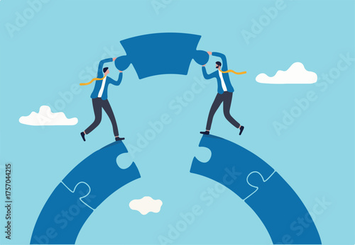Business teamwork and partnership help to achieve team success, think together to solve business problem, business connection concept, businessmen working team building connect jigsaw puzzle bridge.