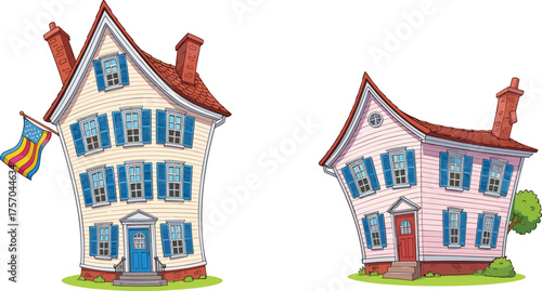 Flat vector, cartoon houses, whimsical architecture, distorted buildings, colorful roofs, red accents, blue shutters, fantasy homes, playful design, illustration