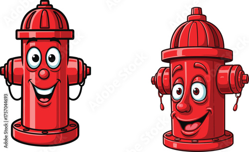 Flat vector, cartoon fire hydrants, smiling faces, anthropomorphic design, expressive eyes, playful style, glossy finish, fantasy objects, red hydrants, illustration