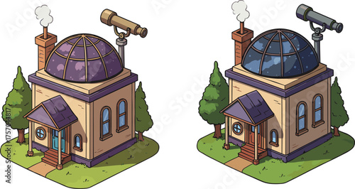 Whimsical cartoon observatory buildings with telescopes, colorful domes, green landscape, astronomy theme, fantasy architecture, science concept, flat vector