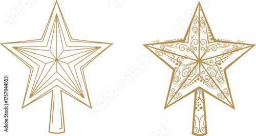 Flat vector illustration of star shaped tree toppers with gold design, festive holiday decoration, ornate and geometric style, seasonal concept