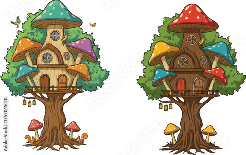 Whimsical cartoon treehouses with mushroom roofs and forest animals, fantasy woodland architecture featuring lanterns and balconies, playful nature scene, flat vector