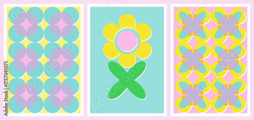 Set of Abstract Geometric shapes Posters with Riso print effect. Risograph style Graphic element for cards, textile, wallpaper.  Vector illustration in vibrant colors.