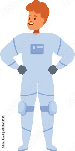 Confident astronaut standing with hands on hips, ready for spacewalk or mission, showing determination and excitement