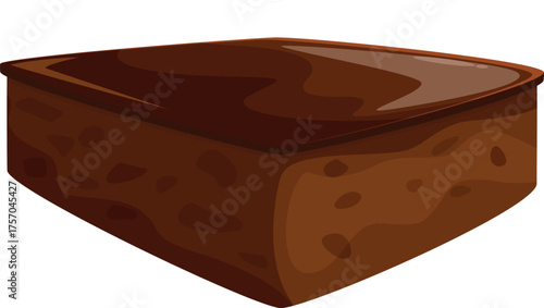 Single square chocolate brownie with a shiny frosting on top isolated on white