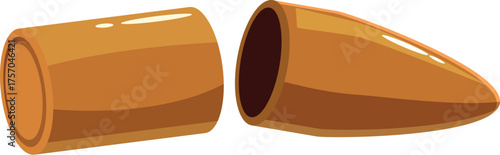 Empty bullet casing and projectile lying separately, showcasing internal components, isolated on white