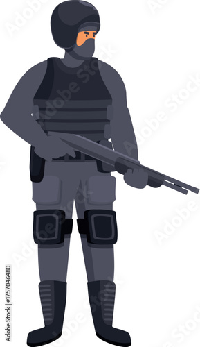 Soldier in uniform holding shotgun, wearing helmet and bulletproof vest, military and security concept