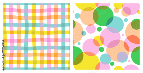 Set of naive vibrant seamless patterns with abstract contemporary circles and checkered print. Minimalistic graphic bauhaus design in vibrant colours. Scandinavian nursery print. Riso effect.