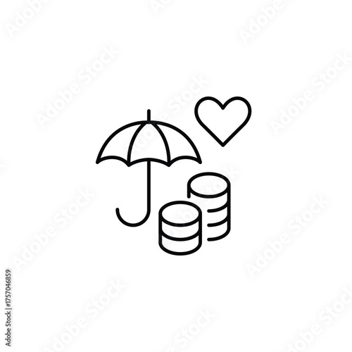 Umbrella, stack of coins and heart. Financial protection, trusted investments. Pixel perfect, editable stroke vector icon