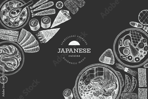 Japanese Cuisine Vector Design Template. Asian Dishes Chalk Board Hand Drawn Background. Retro Japan Traditional Food Illustration.