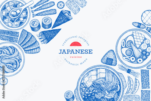 Japanese Cuisine Vector Design Template. Asian Dishes Hand Drawn Background. Retro Japan Traditional Food Illustration.